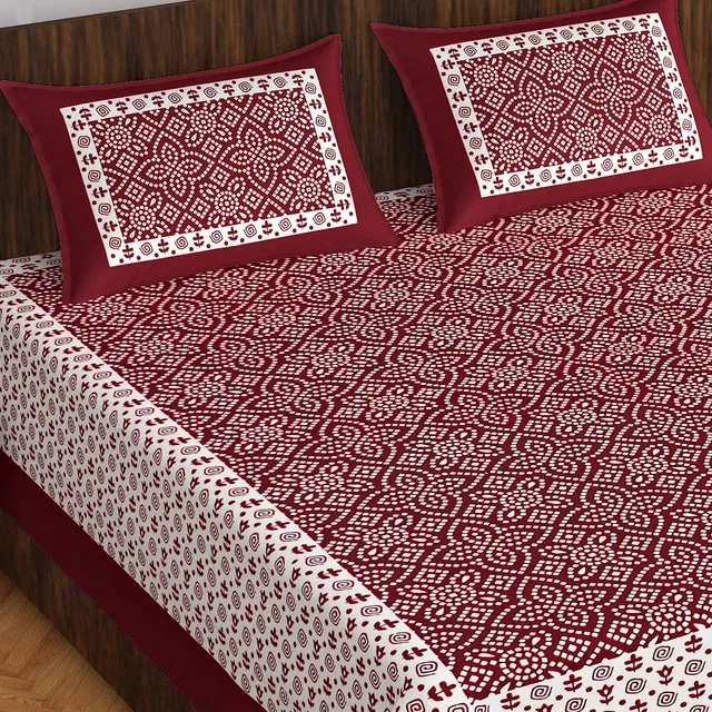 Jaipuri Cotton Double Bedsheet with 2 Pillow Covers | 80x90 Inch | Ethnic motifs maroon and white | Traditional Rajasthani Print