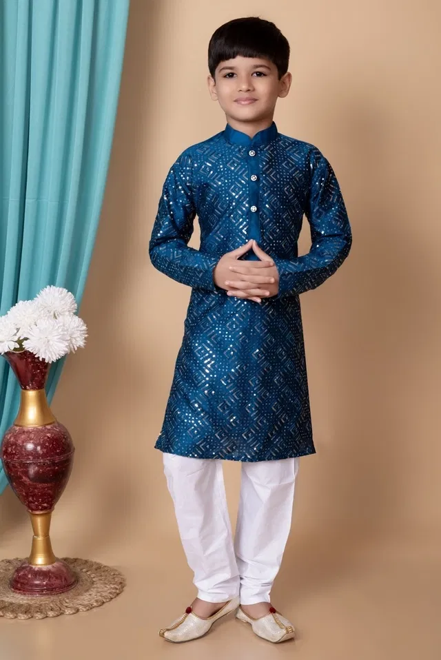 Dupion Silk Embellished Kurta with Payjama for Boys, Blue & White (7-8 Years)