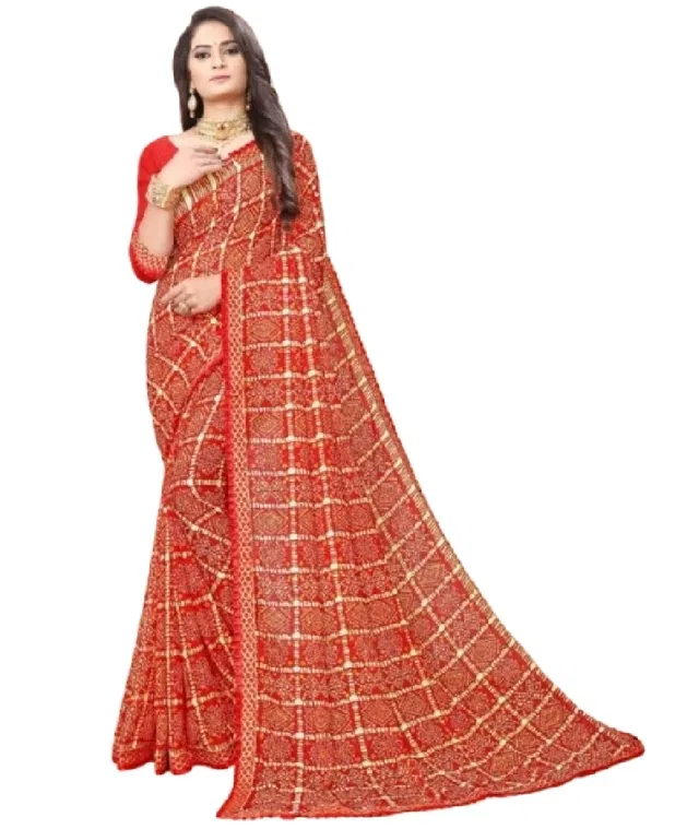 Georgette Chequered Saree for Women (Orange)