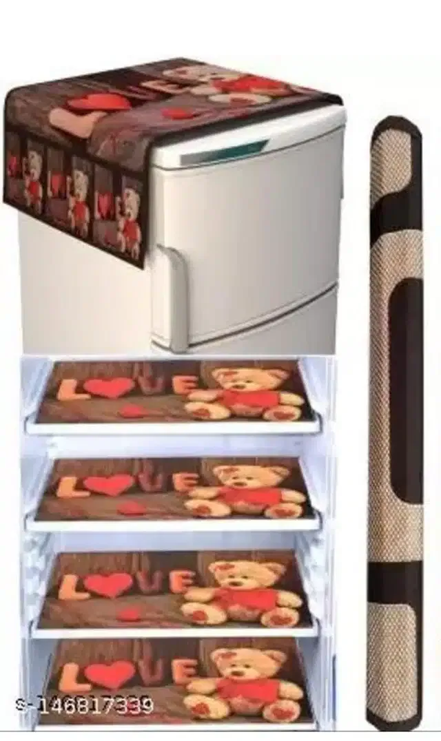 Knit Printed Fridge 4 Pcs Mat with Handle & Top Cover (Multicolor, Set of 1)