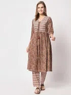 Cotton Printed Kurta with Pant for Women (Brown, M)