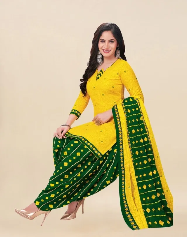 Crepe Block Print Unstitched Suits Fabric for Women (Green & Yellow)