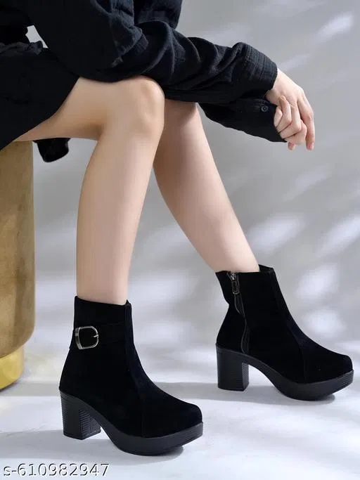 Shoetopia Solid Suede Mid-Top Heeled Boots Black (IND-6)