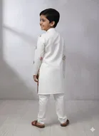 Silk Blend Printed Kurta & Payjama Set For Boys, Cream 