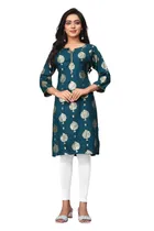 Cotton Silk Embellished Kurti for Women (Teal, M)