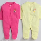 Cotton Rompers for Kids (Pink & Yellow, 0-3 Months)