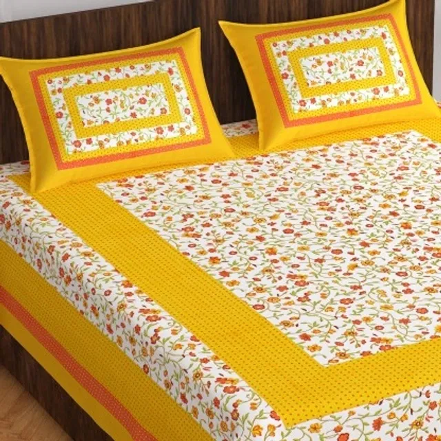 Jaipuri Cotton Double Bedsheet with 2 Pillow Covers | 80x90 Inch | Yellow Floral | Traditional Rajasthani Print