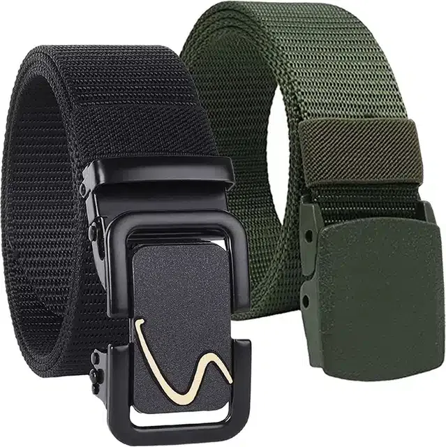 Casual Nylon Belt for Men (Black & Green, Pack of 2)