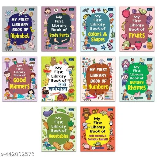 BookFord My First Library Laminated Books for Kids (Set of 10) | Alphabet, Hindi Varnamala, Fruits, Body Parts, Colours & Shapes, Good Manners & Nursery Rhymes | Early Learning Board Books for Toddlers & Preschoolers (Ages 2–5)
