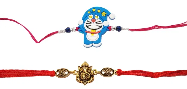 Synthetic Doremon & Ganesh Ji Rakhi for Kids (Multicolor, Pack of 2)