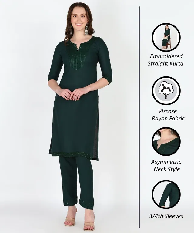 Rayon Solid Kurti for Women (Bottle Green, L)