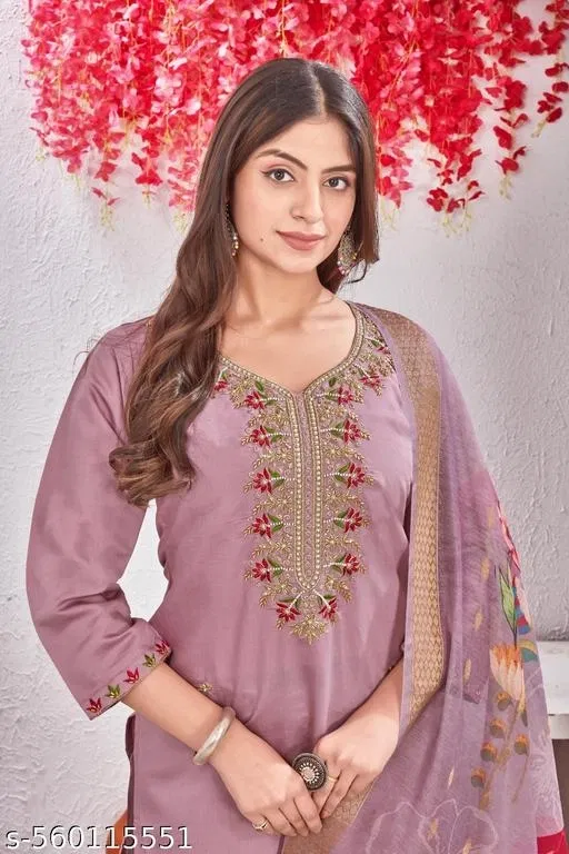 Cotton Silk Kurti With Bottomwear for Women (Purple, Top XXL, Bottom XXXL)