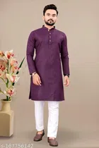 Cotton Blend Striped Kurta with Pyjama for Men (Purple & White, S)