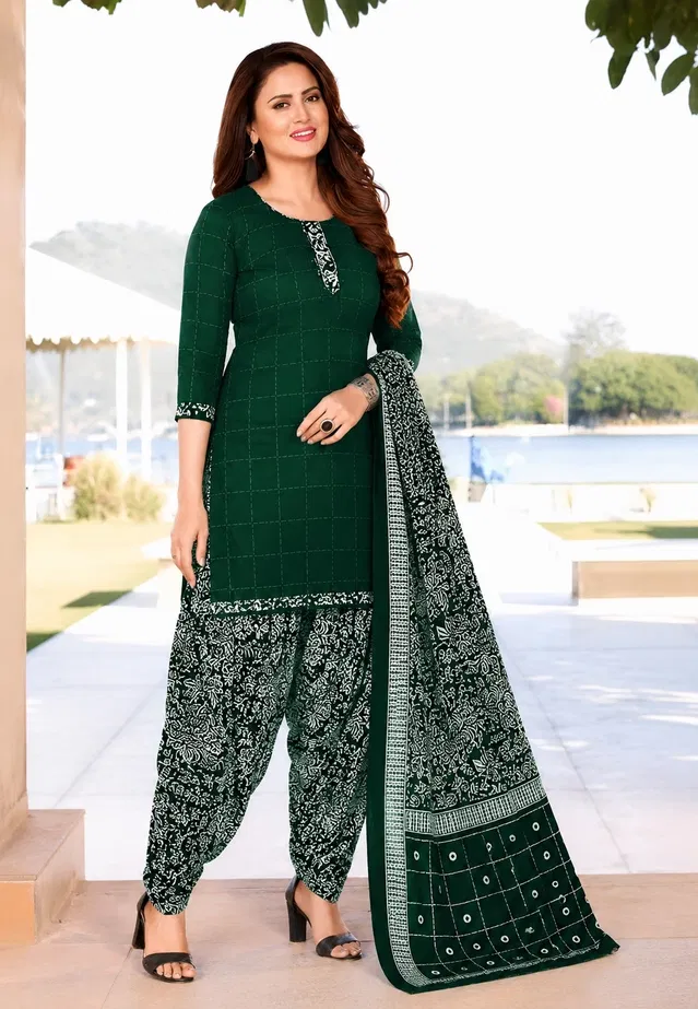 Floral Crepe Punjabi Suit Material for Women (Green, Green)