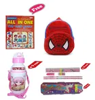 Combo of Kids Cartoon Bag Backpack, All In One Book, Water Bottle & Gift Set Geometry Set 