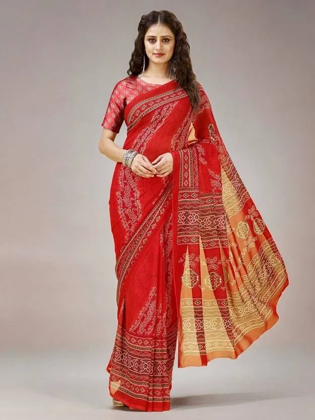 Georgette Printed Saree for Women (Red)