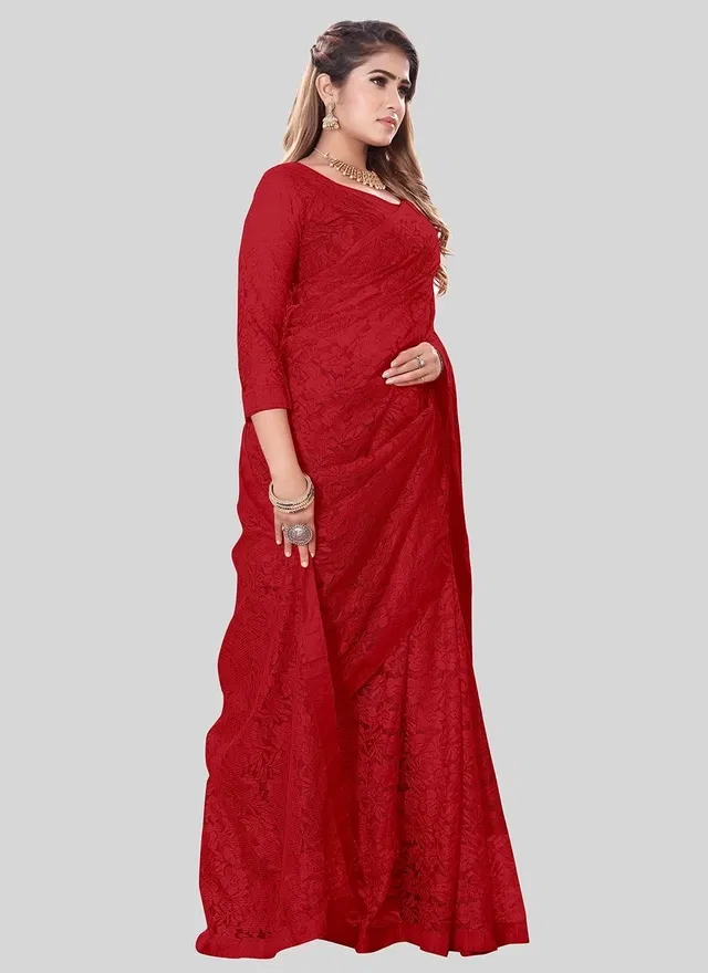 Net Floral Saree for Women (Maroon, 6.3 m)