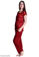 Comfortable Satin Nightsuits for Women, Red 