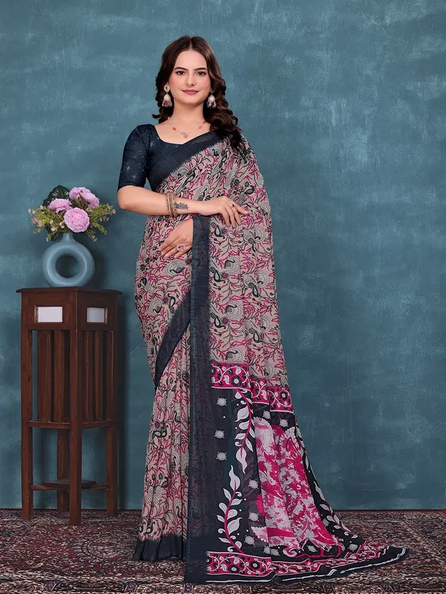 Georgette Printed Saree for Women (Black, 6.3 m)