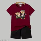 Cotton Blend Printed Clothing Set for Boys, Maroon & Black 