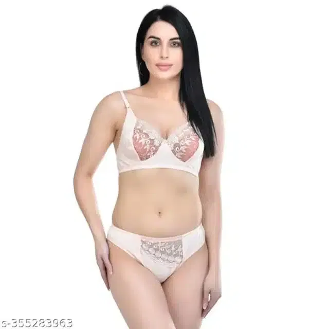 Polycotton Bra with Panty for Women (Off White, 34B)