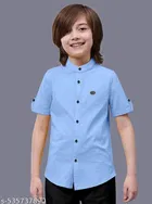 Solid Cotton Blend Mandarin Collar Short Sleeve Shirt for Boys 