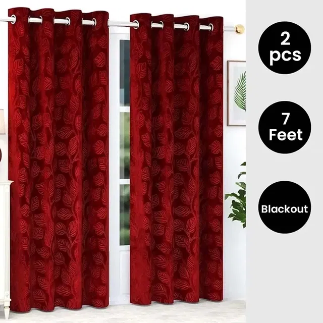Velvet Emboss Red Door Blackout Curtain 7ft Combo (Pack of 2)
