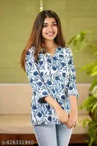 Cotton Printed Short Kurti for Women, White 