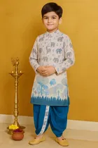 Cotton Blend Printed Kurta with Dhoti for Boys, White & Blue 