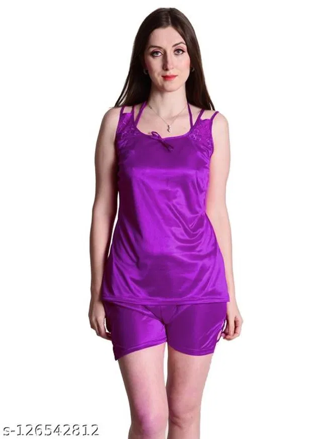 Satin Nightdress Set for Women (Purple, M)