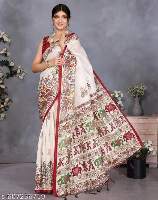 Art Silk Printed Saree for Women, Red (6.3 m)