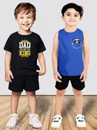 Cotton Blend Printed Clothing Set for Boys, Black & Blue, Pack Of 2 
