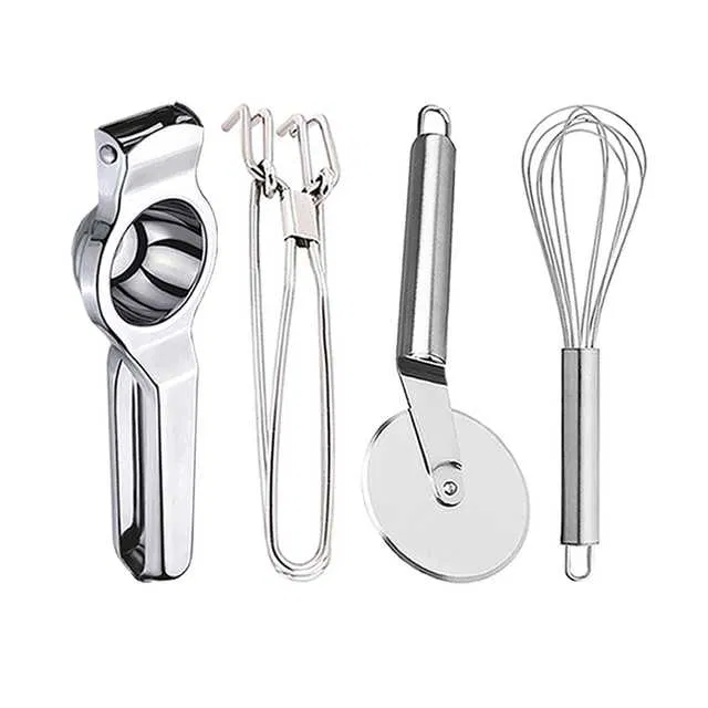 Stainless Steel Lemon Squeezer & Pakkad & Pizza Cutter & Egg Whisk For Kitchen (Set of 4) (OC-056)