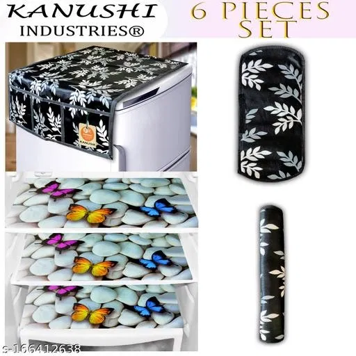 KANUSHI Industries® 1Pc Fridge Cover for Top with 6 Utility Pockets + 2 Handles Covers + 3 Fridge Mats (FRI-BLACK-SMALL-LEAVE+2-HANDLE+M-27)