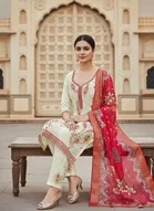 Cotton Silk Embellished Unstitched Suits Fabric for Women, White & Red