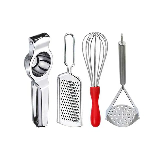 Oc9 Stainless Steel Lemon Squeezer & Cheese Grater & Egg Whisk & Potato Masher Kitchen Tool Set (O-98)