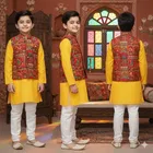 Cotton Blend Printed Kurta with Payjama for Boys, Yellow & White 