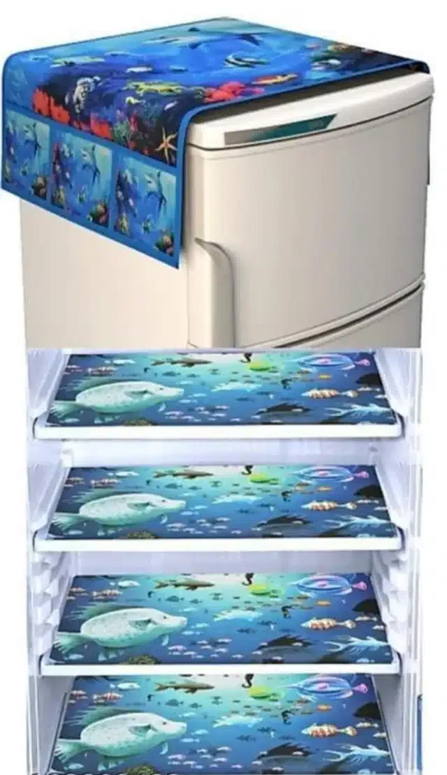 Knit Printed Fridge 4 Pcs Mat with Top Cover (Blue, Set of 1)