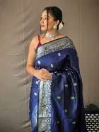 Litchi Silk Zari Woven Saree for Women, Navy Blue 