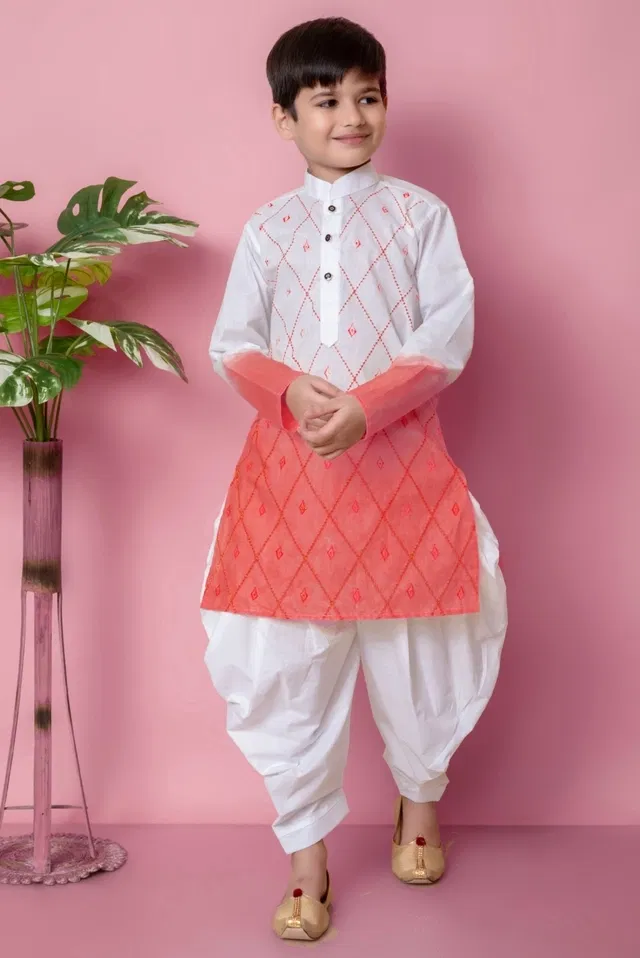 Cotton Embroidery Kurta with Dhoti for Boys, Pink & White (6-7 Years)