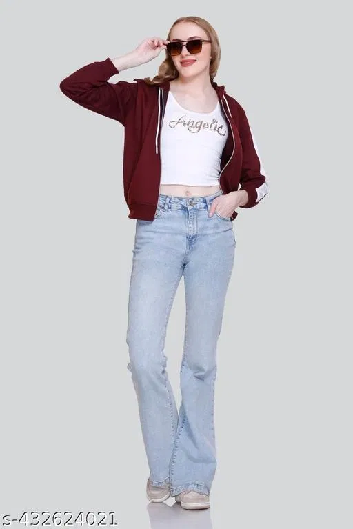Fleece Solid Jackets for Women (Maroon, L)