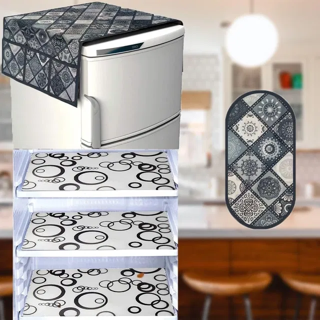 PVC Printed Fridge Top Cover with 3 Pcs Shelf Mats & Handle Cover (Multicolor, Set of 1)