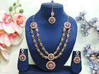 Mehandi Finish Golden Shadow Crystals 2 Layer Ethnic Partywear Necklace Set for Women 