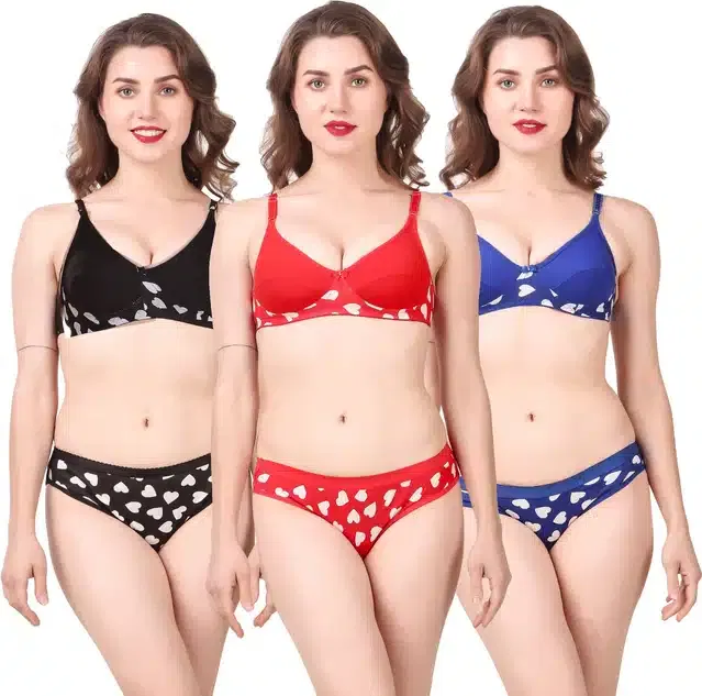 Cotton Blend Lingerie Set for Women (Multicolor, 34) (Set of 3)
