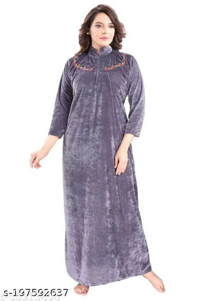 Velvet Nightdress Set for Women (Grey, Free Size)