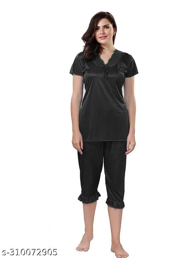 Satin Nightsuit Set for Women (Black, M)