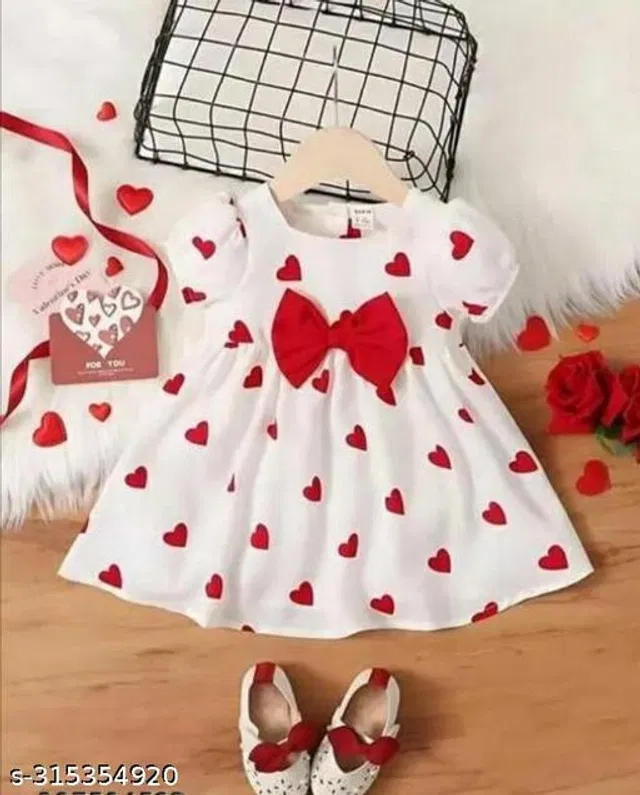 Rayon Frock for Girls (White & Red, 18-24 Months)