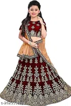 Satin Embroidered Lehenga with Choli & Dupatta for Girls (Maroon & Beige, 2-3 Years)