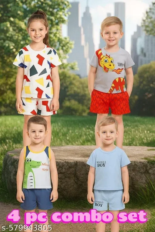 Hosiery Cotton Printed Clothing Set for Kids, Multicolor, Pack of 4 (0-3 Months)
