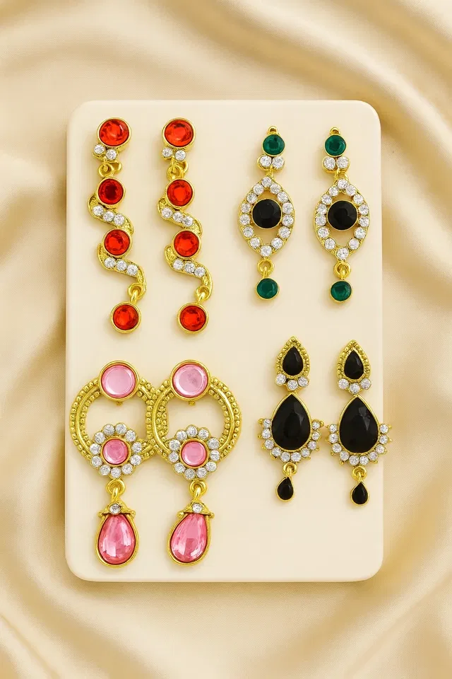 Traditional Stone Studded Earrings for Women & Girls, Multicolor, Set of 4